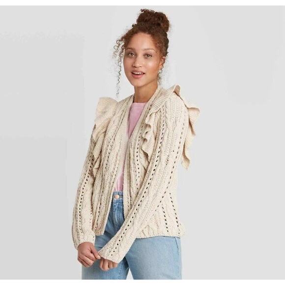 Universal Thread Beige Ruffle Cardigan Open Front Sweater Cream NWT $30 Size XS - Picture 1 of 16